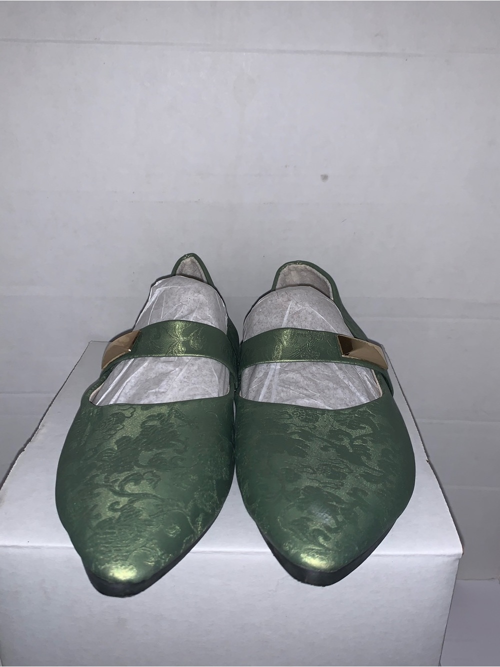 Green Jacquard Pointed Toe Mary Jane Flats
